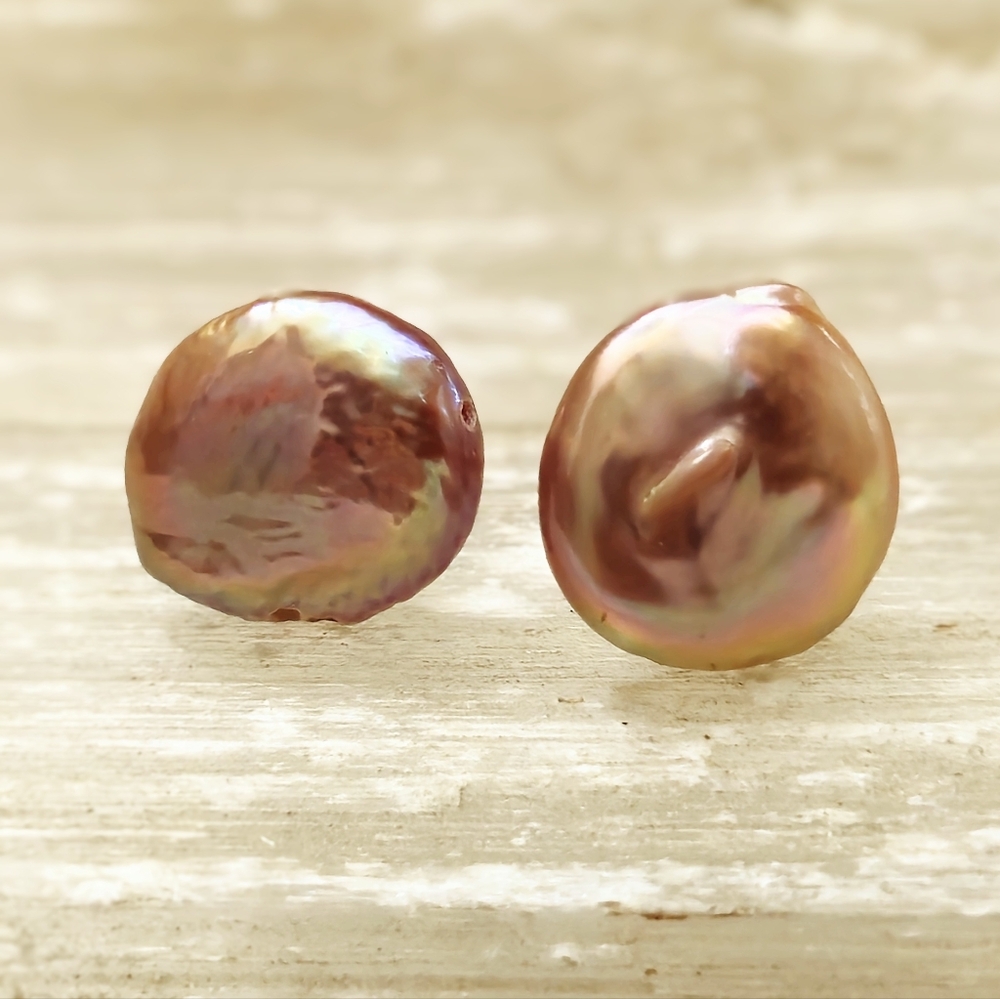Natural Pink Freshwater Button Pearl In 18K Gold Plated Stud